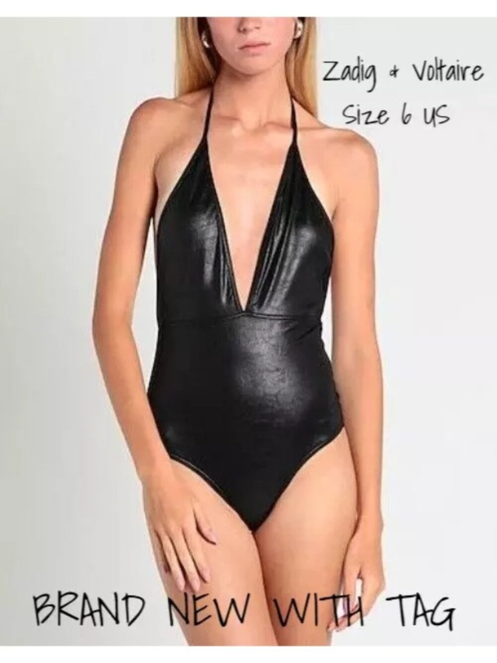 Zadig & Voltaire One-Piece Swimsuit Black Deep V-Neck Size 6 US New With Tag